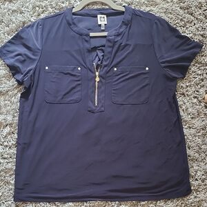 Anne Klein Navy Blouse with Gold Zipper